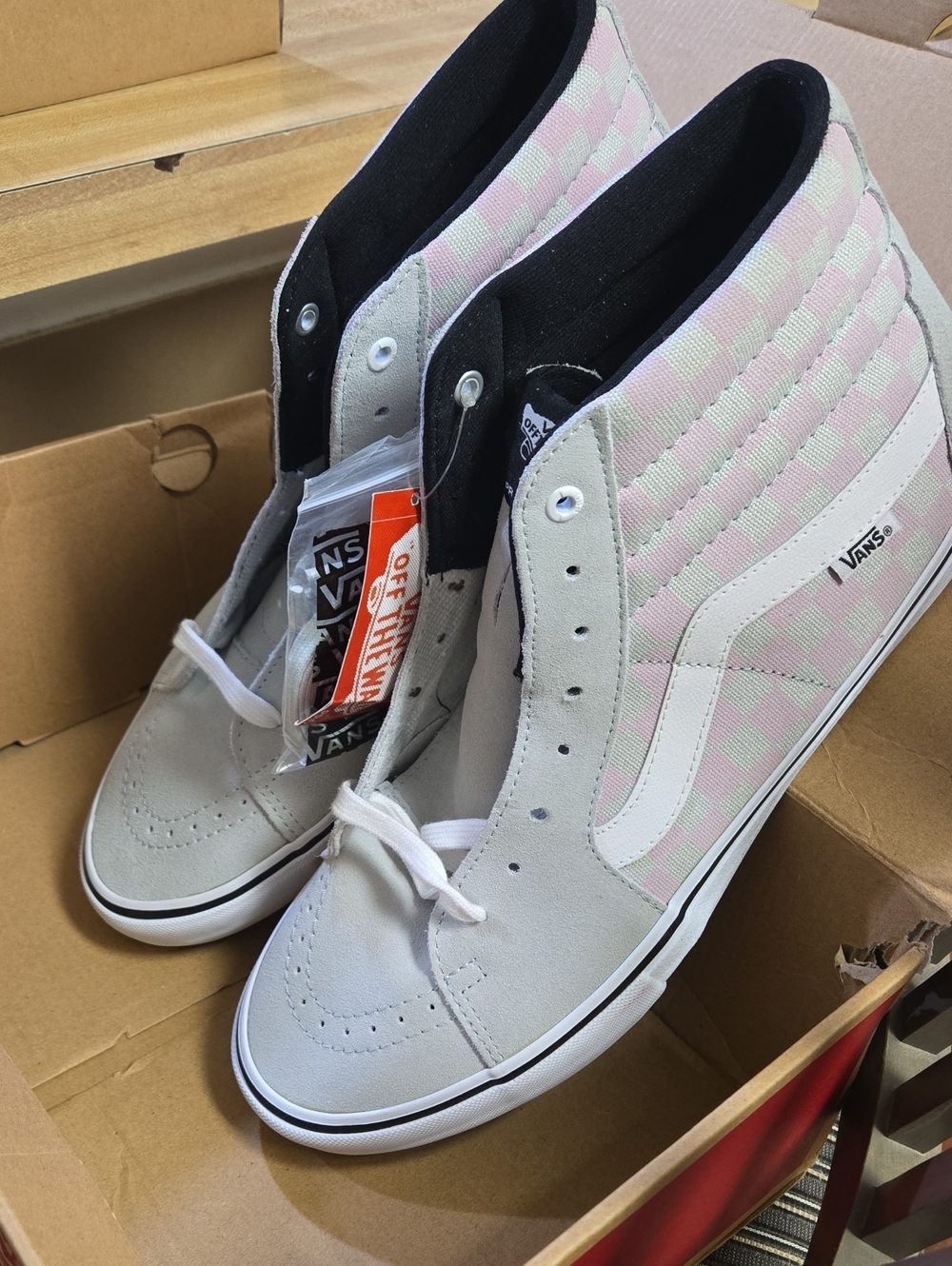Vans Pink and White Checkerboard Sk8-Hi Skate Sneakers
